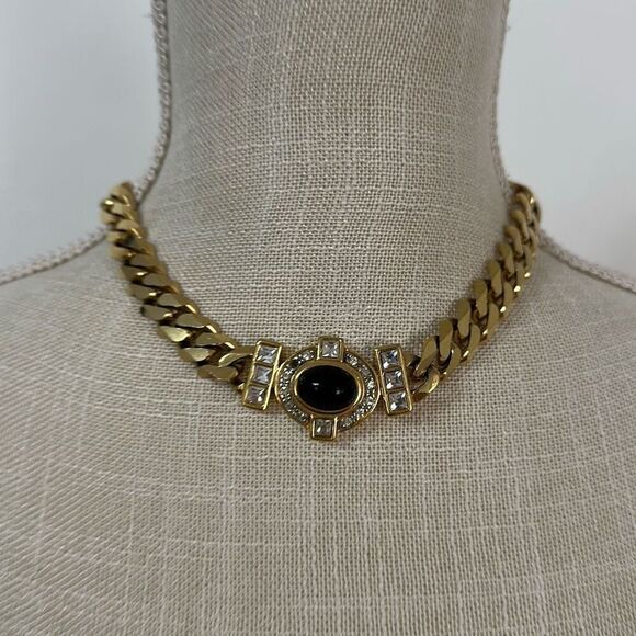 Vintage Unique Gold Toned Chucky with Black and Rhinestones Choker Necklace - Picture 1 of 11